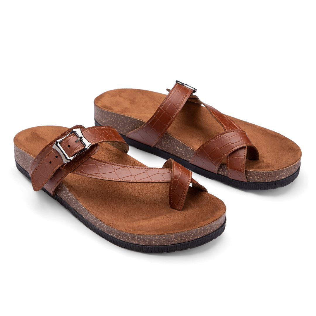 Summer Comfy Footbed Buckle Strap Leather Toe Slides - Havan