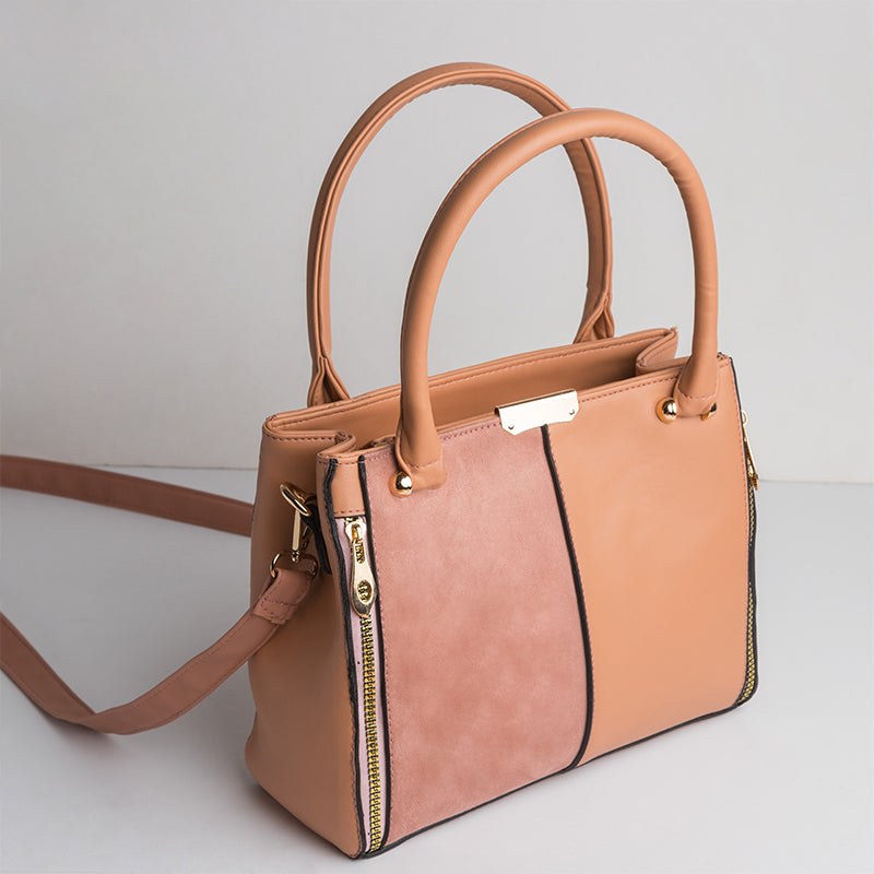 Plain Leather × Suede Rectangular Cross-Body Bag - PINK