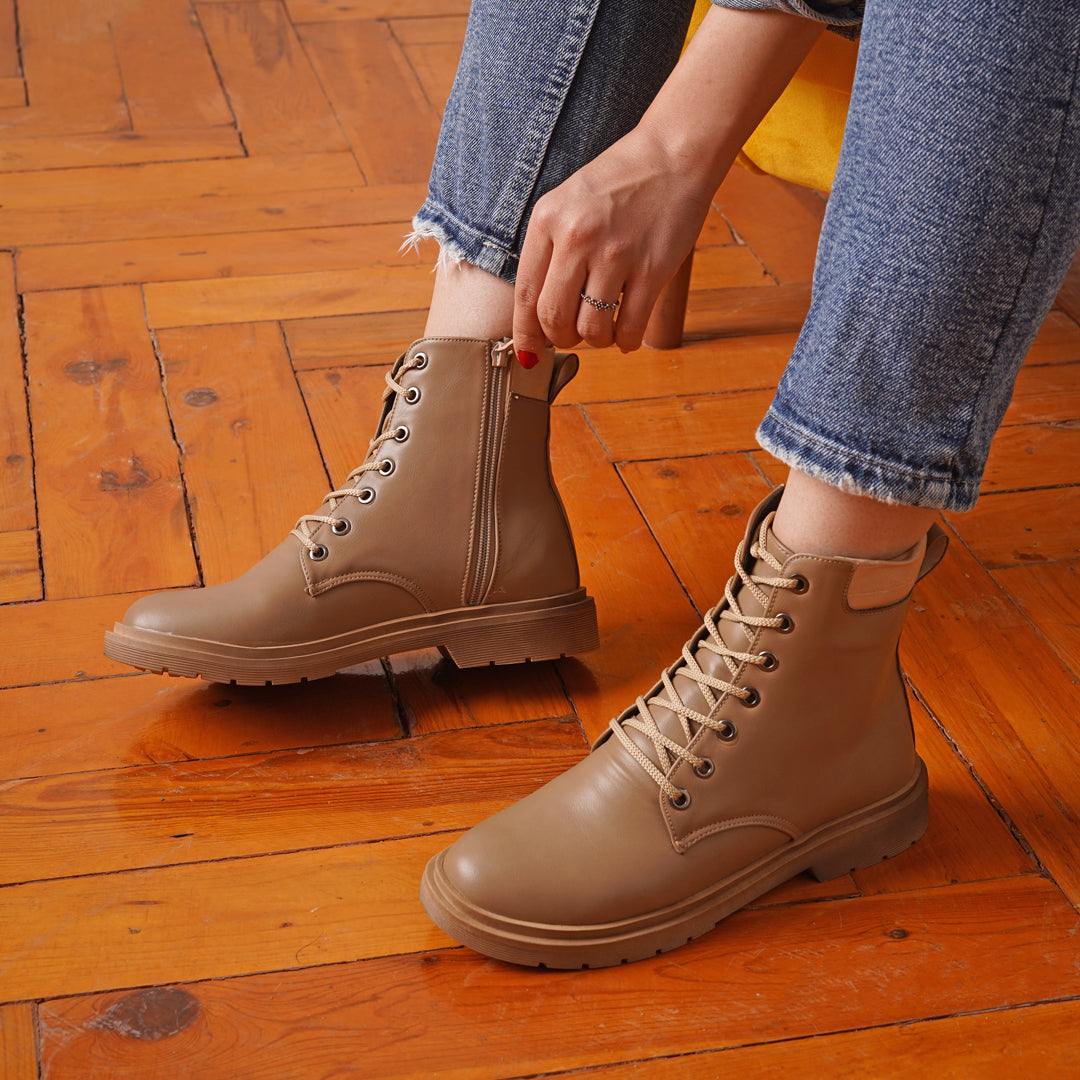 Leather Lace up Half Boots With Zipper - Cafe