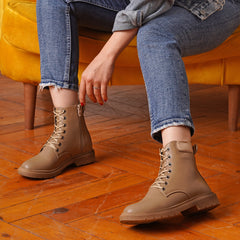 Plain Leather Lace Up Half Boots - Cafe
