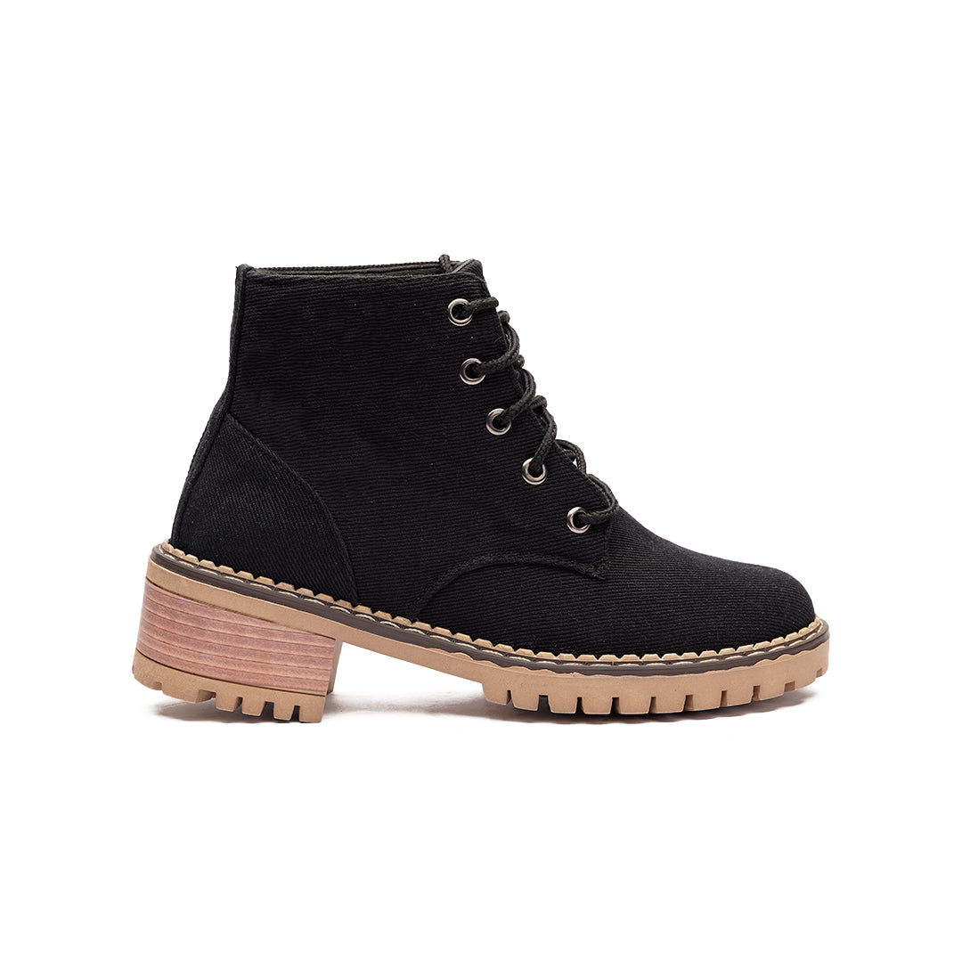 Low Heel Suede Lace Up Boots - Black