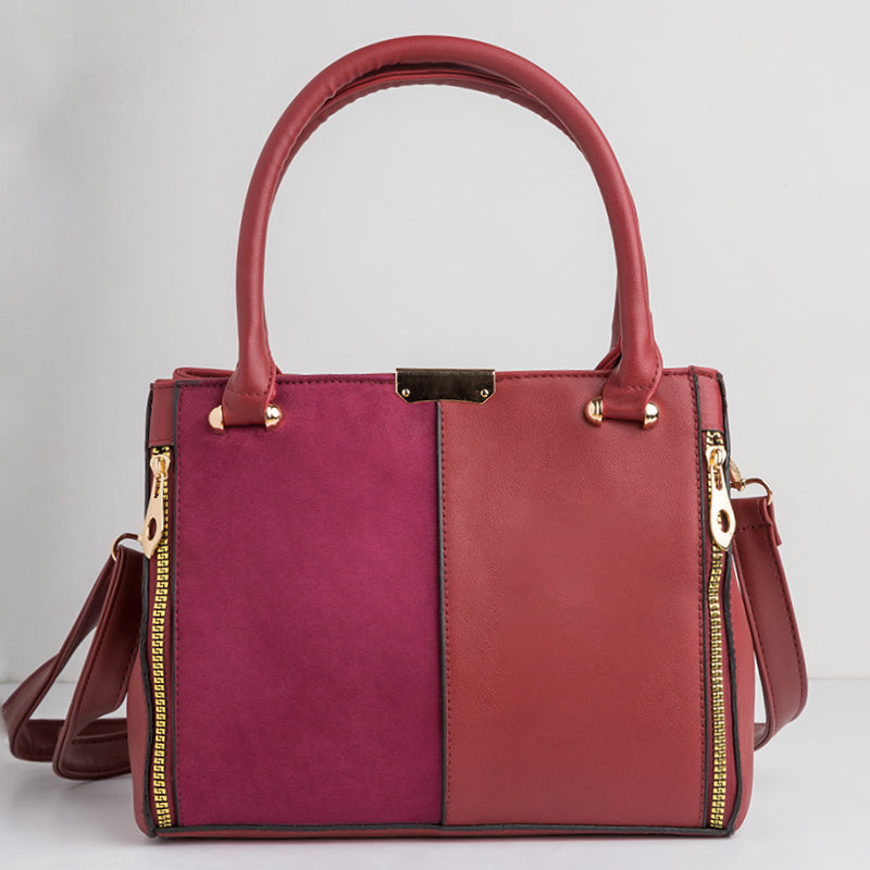 Plain Leather × Suede Rectangular Cross-Body Bag - MAROON