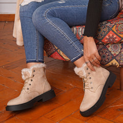 Fur Lined Suede Lace Up Boots - Beige