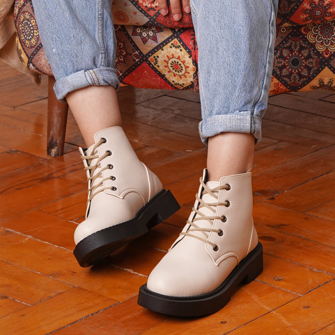 Plain Leather Lace Up Boots - Beige