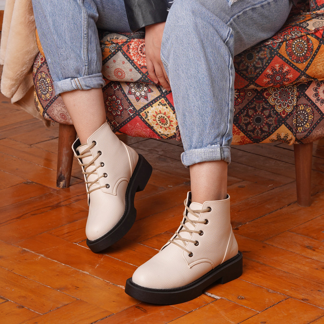 Plain Leather Lace Up Boots - Beige