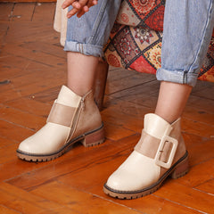 Suede X Leather Ankle Boots With Buckles - Beige