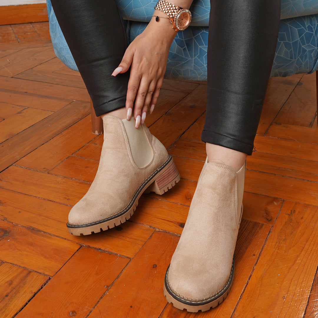 Suede Chelsea Half Boots With Elastic - Beige