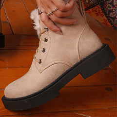 Fur Lined Suede Lace Up Boots - Beige