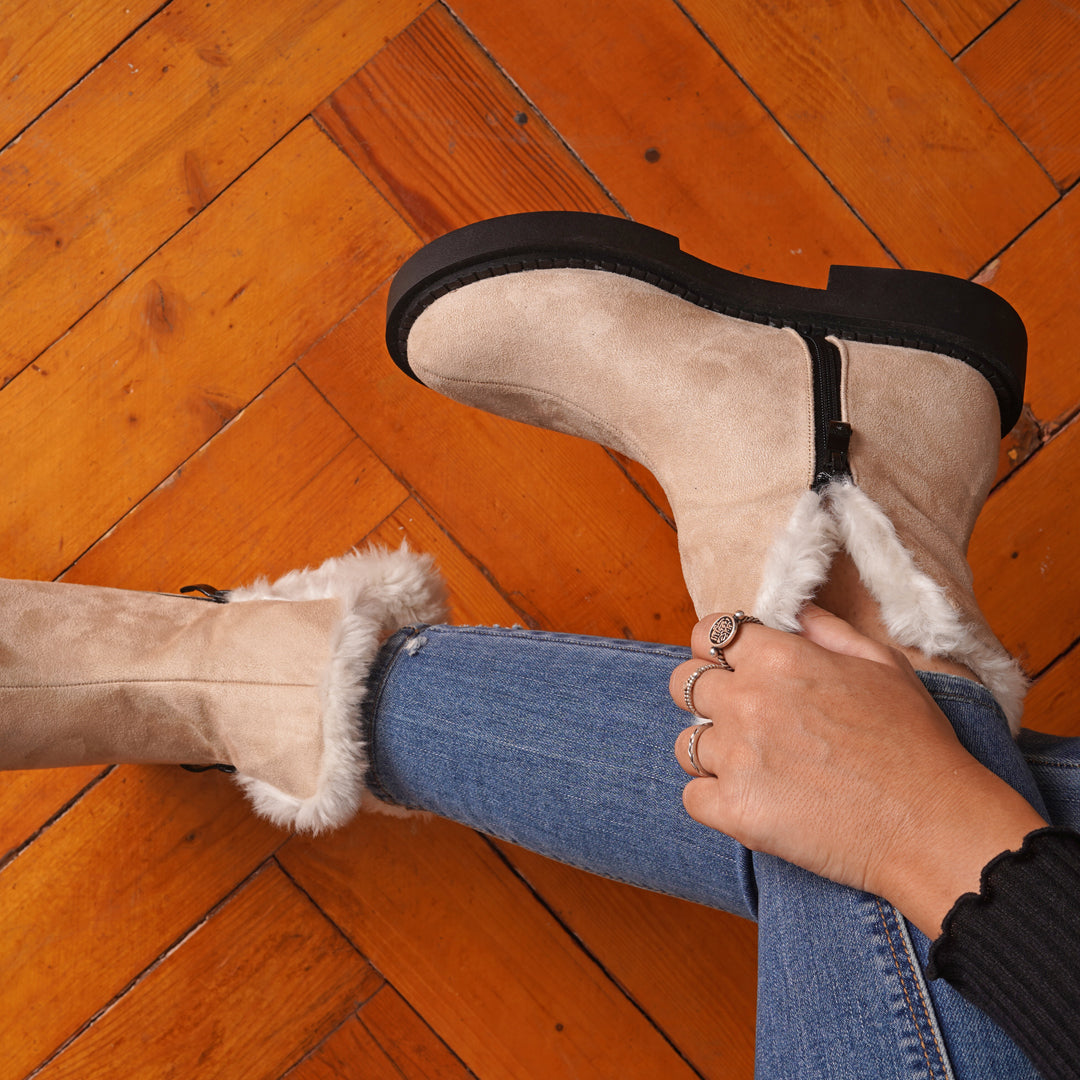 Fur Lined Suede Half Boots With Side Zipper - Beige