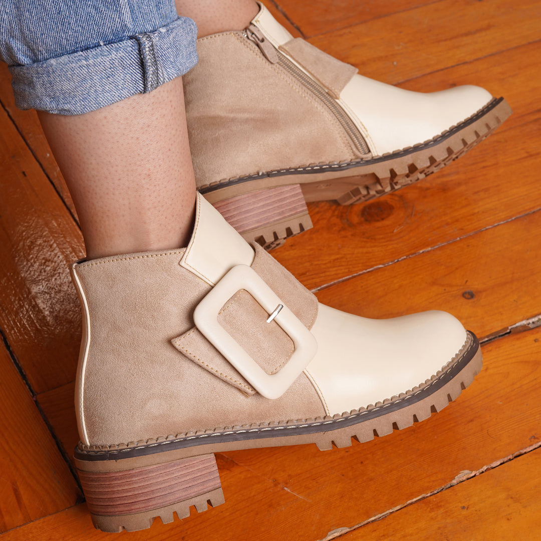 Suede X Leather Ankle Boots With Buckles - Beige