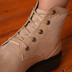 Plain Suede Lace Up Boots - Beige