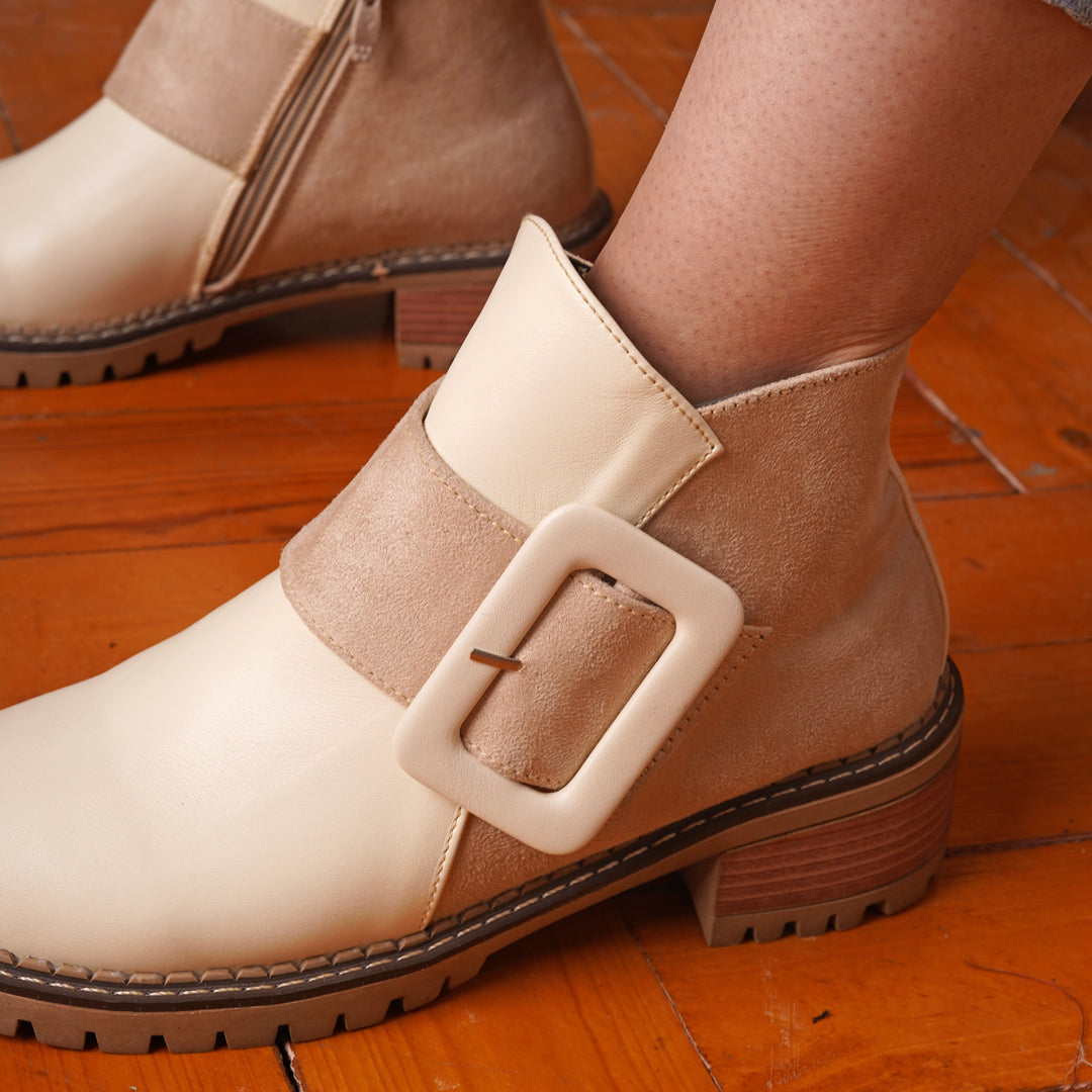 Suede X Leather Ankle Boots With Buckles - Beige