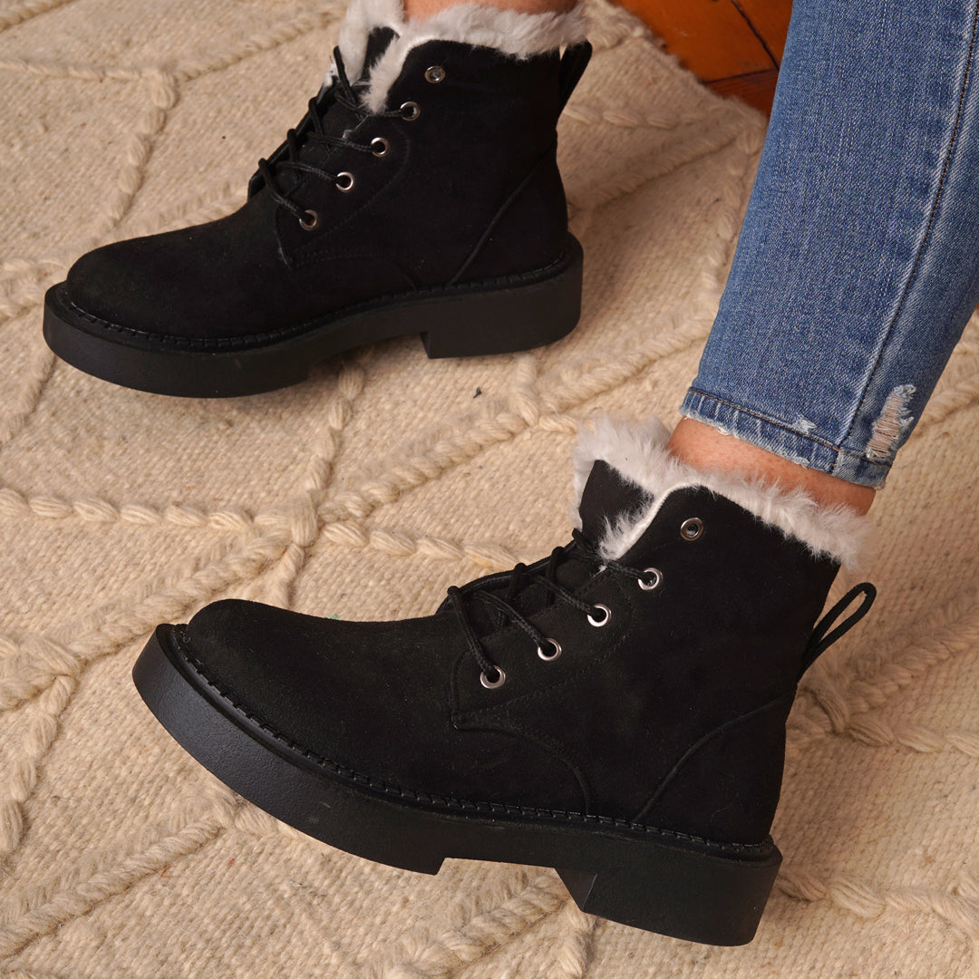 Fur Lined Suede Lace Up Boots - Black