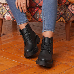 Plain Leather Lace Up Boots - Black