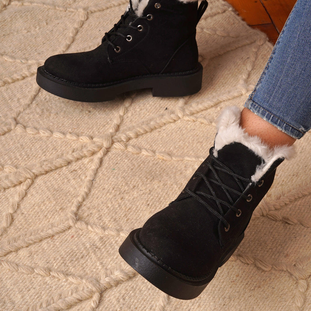 Fur Lined Suede Lace Up Boots - Black