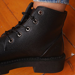 Plain Leather Lace Up Boots - Black