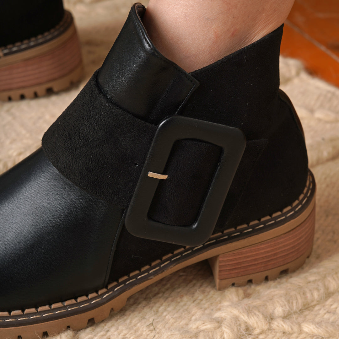 Suede X Leather Ankle Boots With Buckles - Black