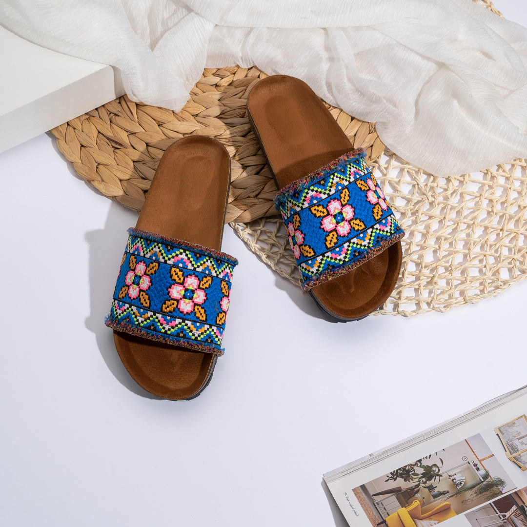 Fabuls | Wide Fabric Semi Fringe Floral Summer Slides - Blue