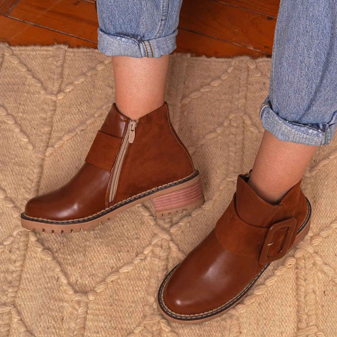 Suede X Leather Ankle Boots With Buckles - Camel