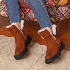 Fur Lined Suede Half Boots With Side Zipper - Camel