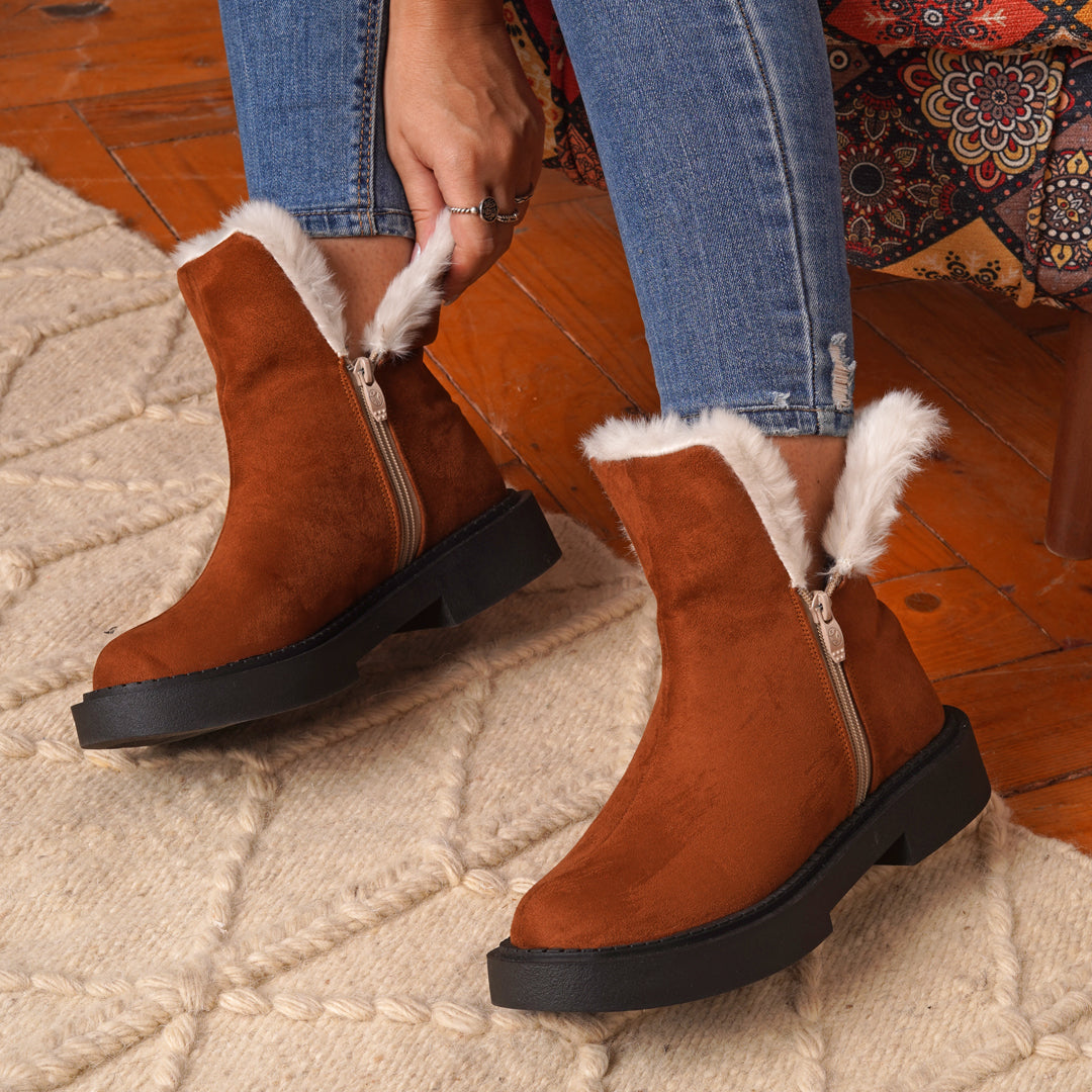 Fur Lined Suede Half Boots With Side Zipper - Camel