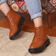 Plain Leather Lace Up Boots - Camel