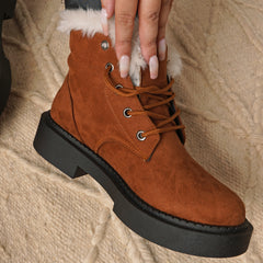 Fur Lined Suede Lace Up Boots - Camel