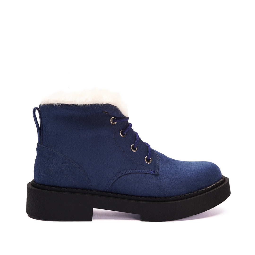 Fur Lined Suede Lace Up Boots - dark blue