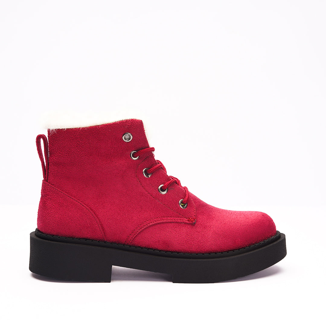 Fur Lined Suede Lace Up Boots - maroon