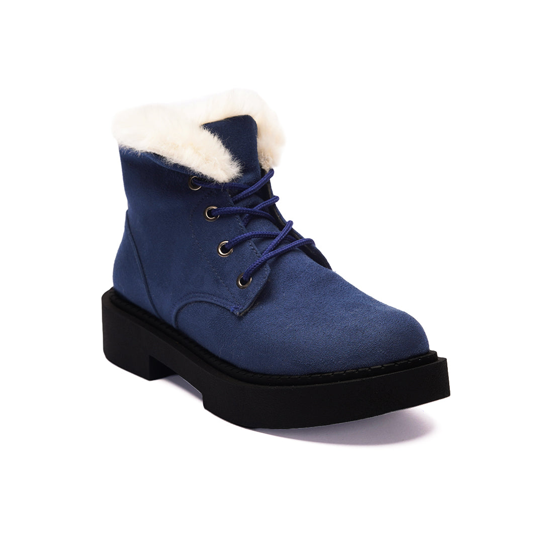 Fur Lined Suede Lace Up Boots - dark blue