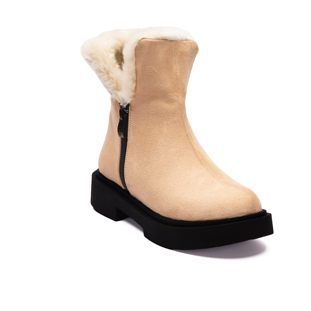 Fur Lined Suede Half Boots With Side Zipper - Beige