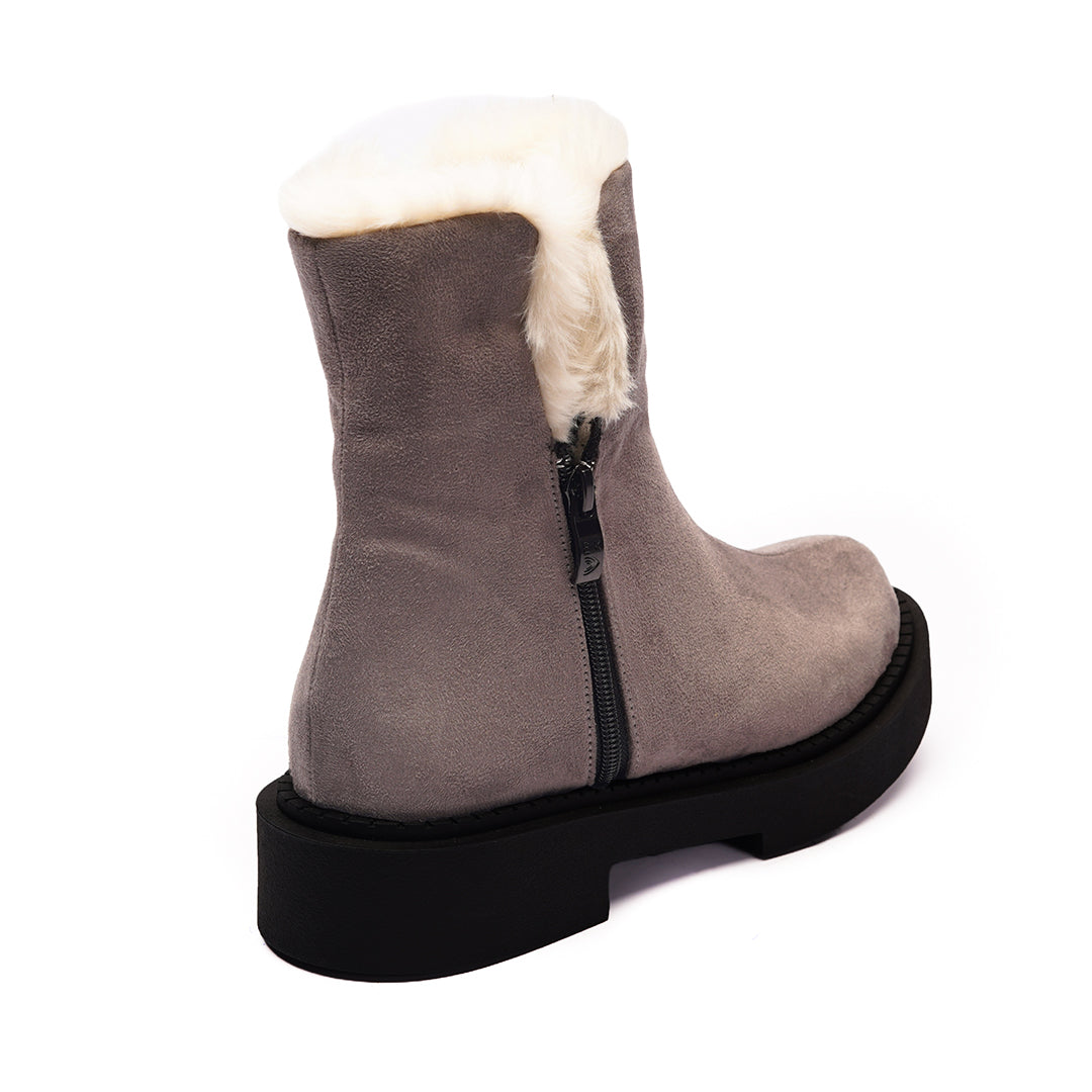 Fur Lined Suede Half Boots With Side Zipper - Gray