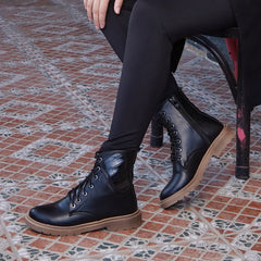 Lace Up Leather Half Boots With Fur - Black