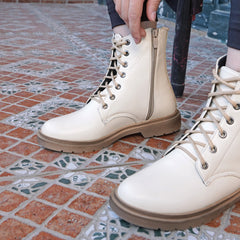 Side Buckle Lace up Half Boot - Beige