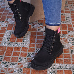 Side Buckle Lace up Half Boot - Black