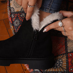 Fur Lined Suede Half Boots With Side Zipper - Black