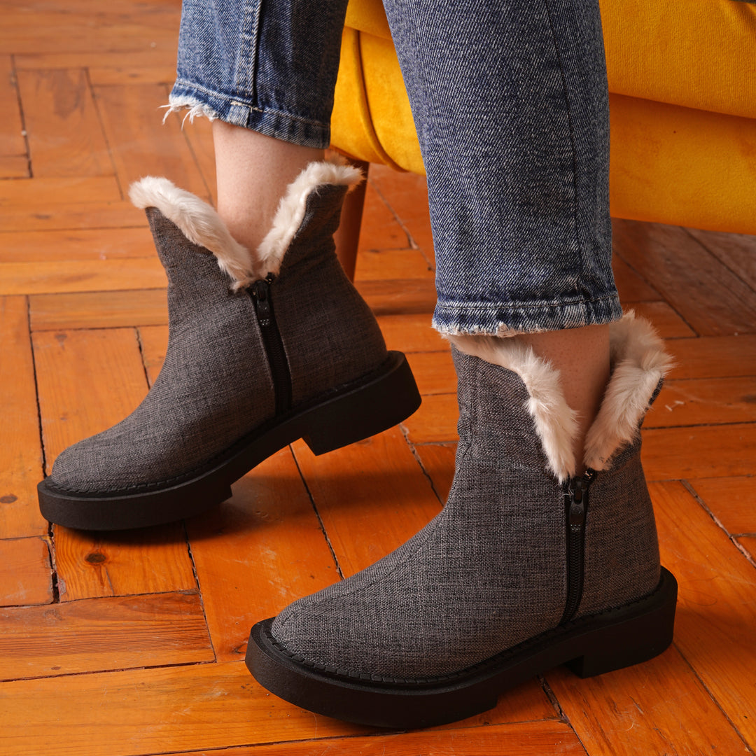 Linen Fur lined Half Boots - grey
