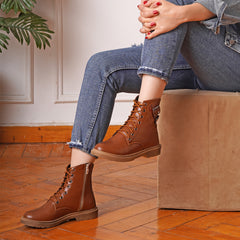 Side Buckle Lace up Half Boot - camel