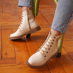Lace Up Leather Half Boots With Fur - beige
