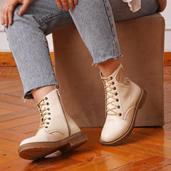 Lace Up Leather Half Boots With Fur - beige