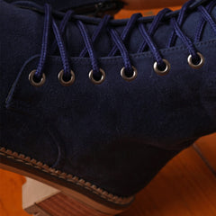 Suede Lace up Half Boots With Zipper - dak blue