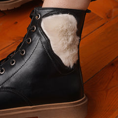 Lace Up Leather Half Boots With Fur - black