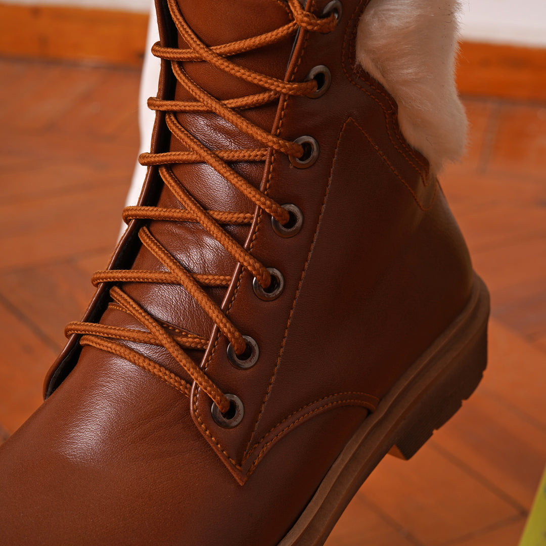 Copy of Lace Up Leather Half Boots With Fur - camel