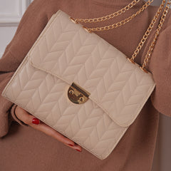 Stitched Leather Chained Cross Bag - Beige