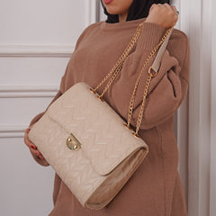 Stitched Leather Chained Cross Bag - Beige