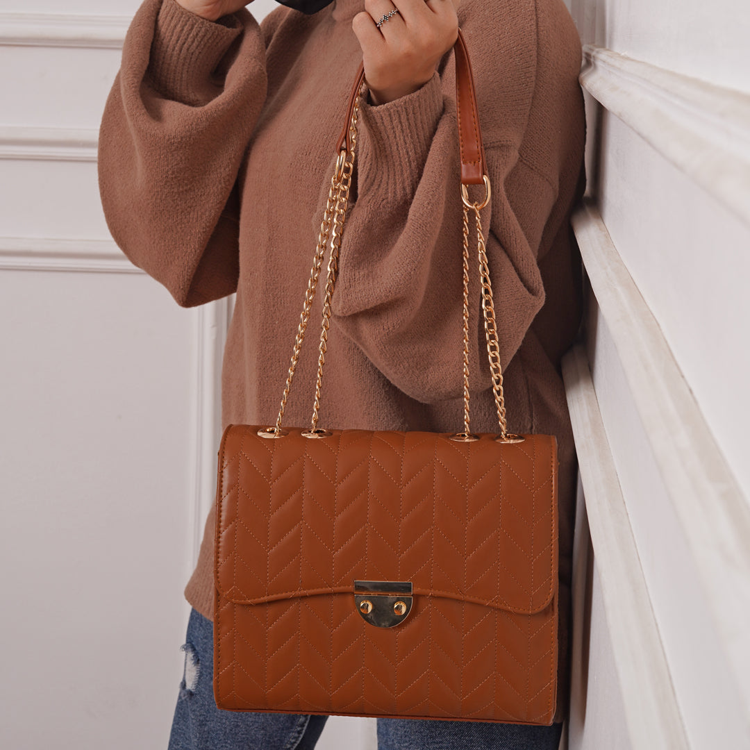 Stitched Leather Chained Cross Bag - Camel