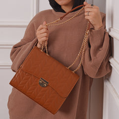 Stitched Leather Chained Cross Bag - Camel