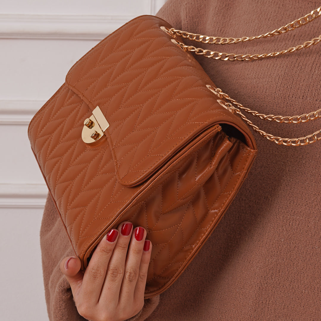 Stitched Leather Chained Cross Bag - Camel