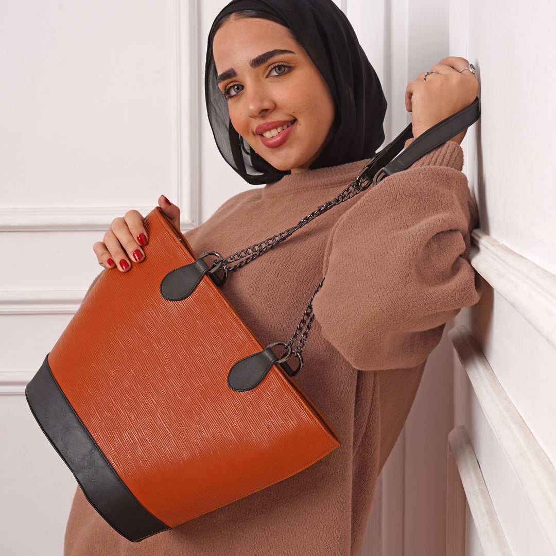 Tutote | Unique Texture Tote Bag With Chain - Camel