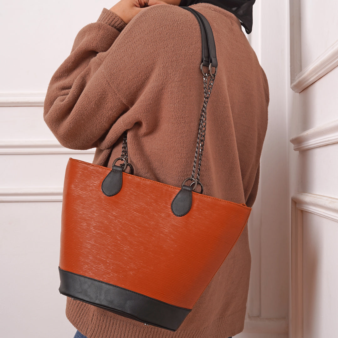 Tutote | Unique Texture Tote Bag With Chain - Camel